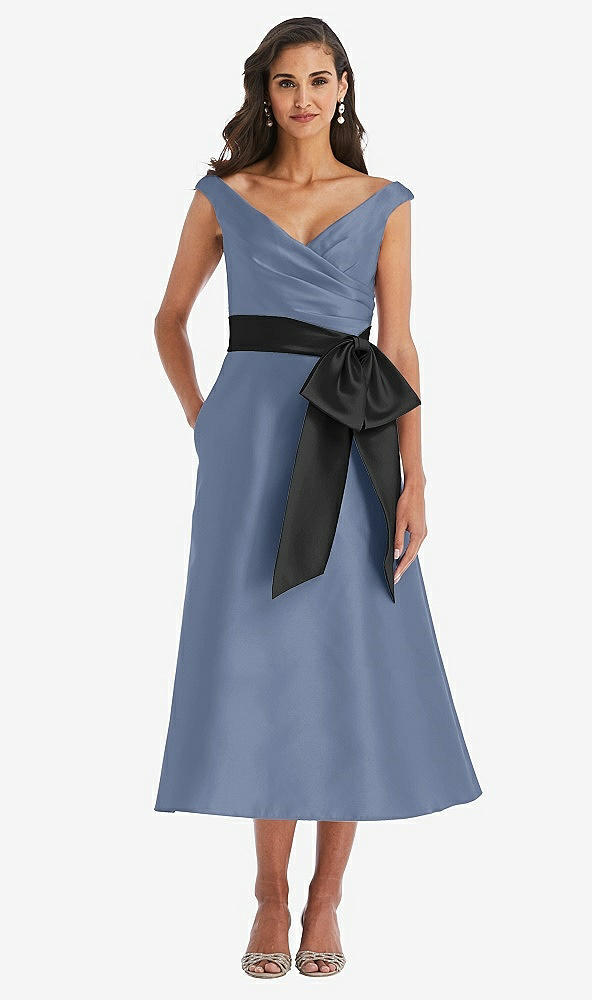 Front View - Larkspur Blue & Black Off-the-Shoulder Bow-Waist Midi Dress with Pockets