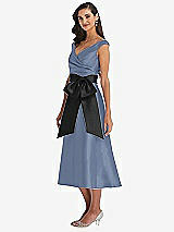 Side View Thumbnail - Larkspur Blue & Black Off-the-Shoulder Bow-Waist Midi Dress with Pockets