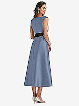 Rear View Thumbnail - Larkspur Blue & Black Off-the-Shoulder Bow-Waist Midi Dress with Pockets