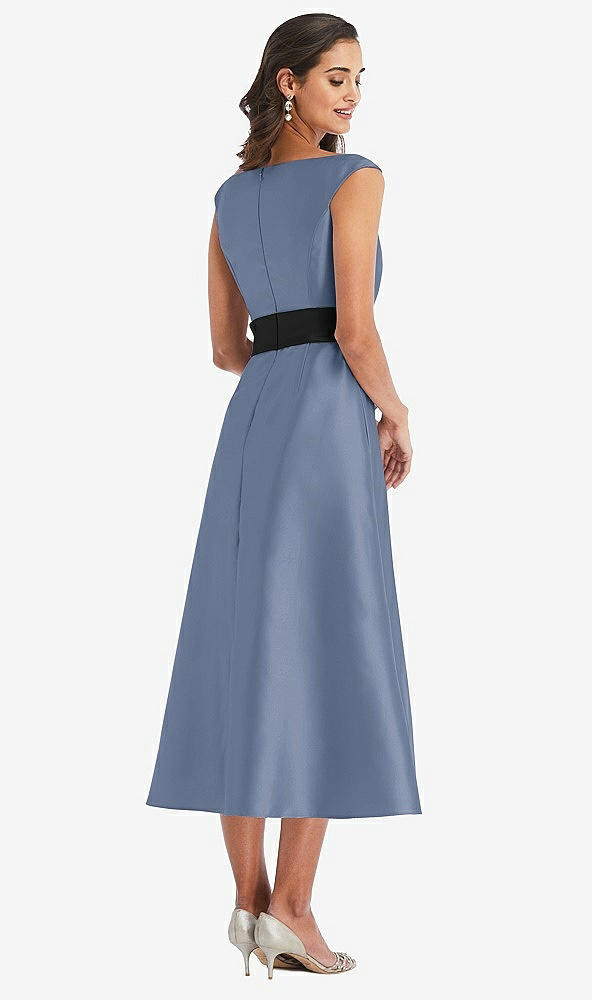 Back View - Larkspur Blue & Black Off-the-Shoulder Bow-Waist Midi Dress with Pockets