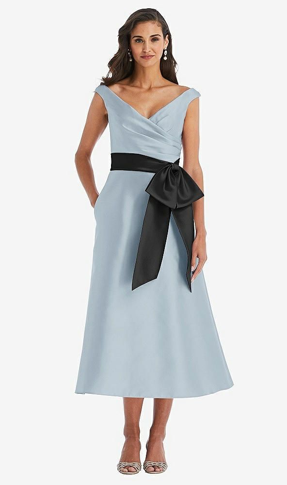 Front View - Mist & Black Off-the-Shoulder Bow-Waist Midi Dress with Pockets