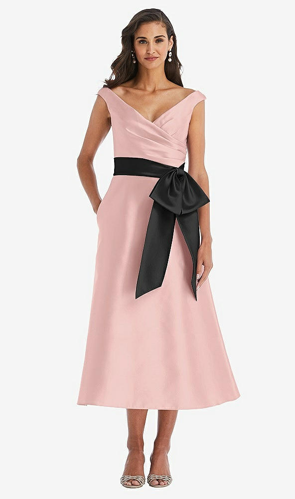 Front View - Rose Quartz & Black Off-the-Shoulder Bow-Waist Midi Dress with Pockets