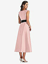 Rear View Thumbnail - Rose Quartz & Black Off-the-Shoulder Bow-Waist Midi Dress with Pockets