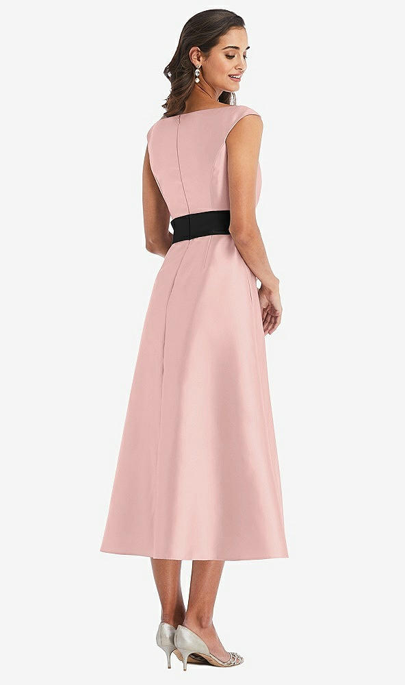 Back View - Rose Quartz & Black Off-the-Shoulder Bow-Waist Midi Dress with Pockets