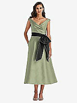 Front View Thumbnail - Sage & Black Off-the-Shoulder Bow-Waist Midi Dress with Pockets