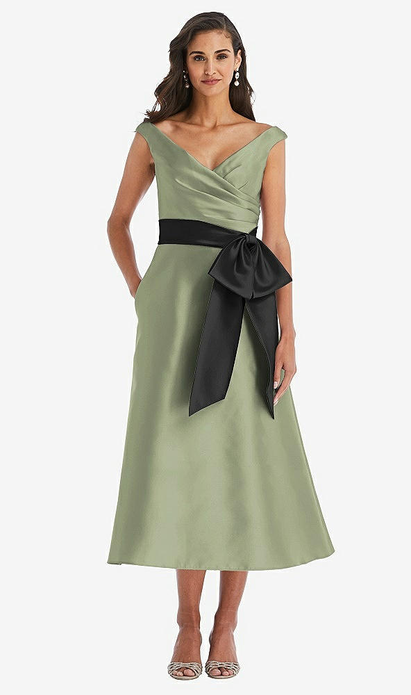 Front View - Sage & Black Off-the-Shoulder Bow-Waist Midi Dress with Pockets