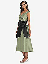 Side View Thumbnail - Sage & Black Off-the-Shoulder Bow-Waist Midi Dress with Pockets