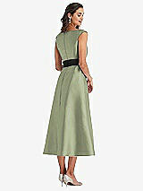 Rear View Thumbnail - Sage & Black Off-the-Shoulder Bow-Waist Midi Dress with Pockets