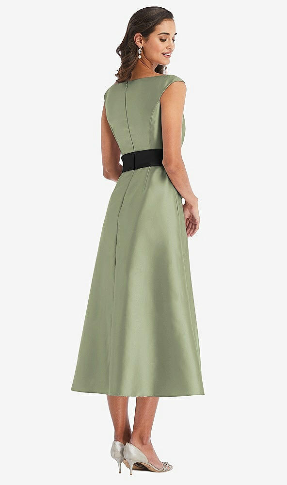 Back View - Sage & Black Off-the-Shoulder Bow-Waist Midi Dress with Pockets