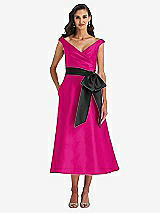 Front View Thumbnail - Think Pink & Black Off-the-Shoulder Bow-Waist Midi Dress with Pockets