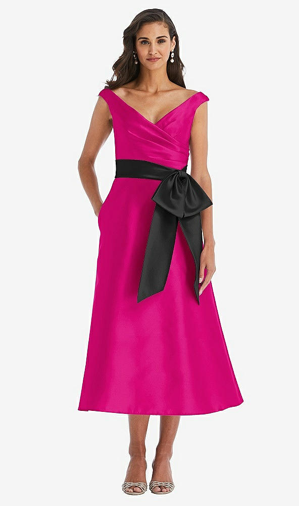 Front View - Think Pink & Black Off-the-Shoulder Bow-Waist Midi Dress with Pockets