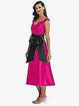 Side View Thumbnail - Think Pink & Black Off-the-Shoulder Bow-Waist Midi Dress with Pockets