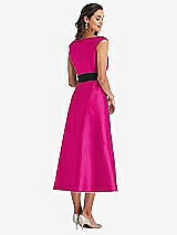 Rear View Thumbnail - Think Pink & Black Off-the-Shoulder Bow-Waist Midi Dress with Pockets