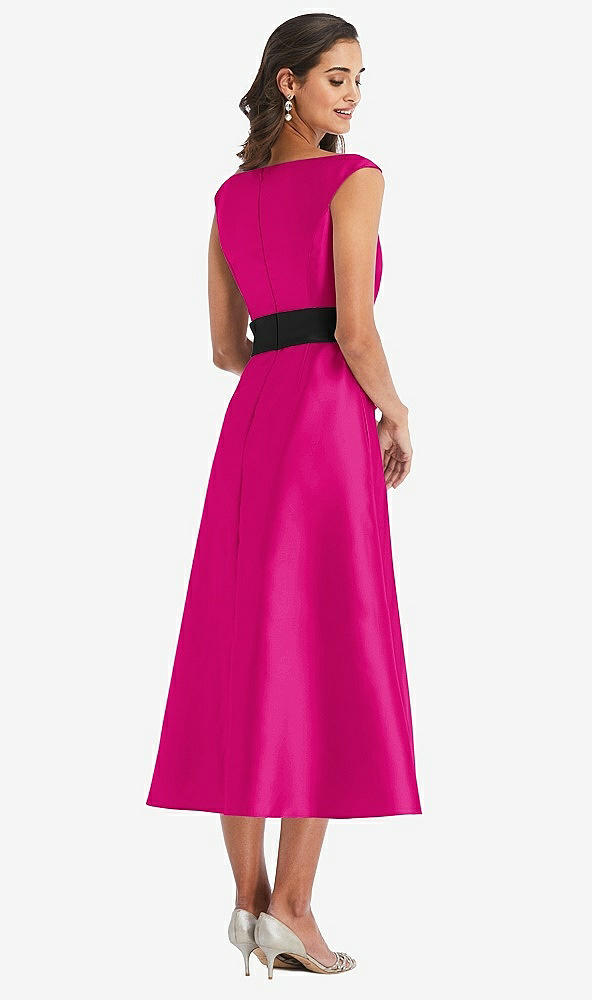 Back View - Think Pink & Black Off-the-Shoulder Bow-Waist Midi Dress with Pockets