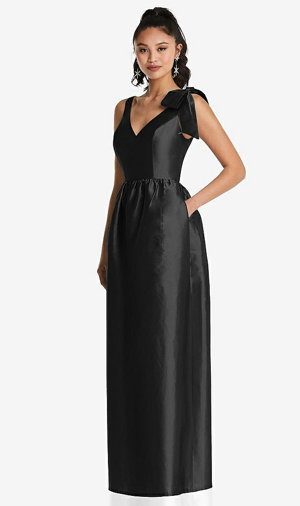 Front View - Black Bowed-Shoulder Full Skirt Maxi Dress with Pockets