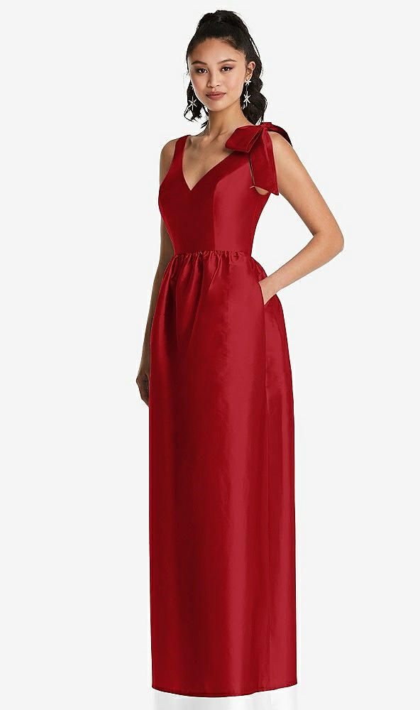 Front View - Garnet Bowed-Shoulder Full Skirt Maxi Dress with Pockets