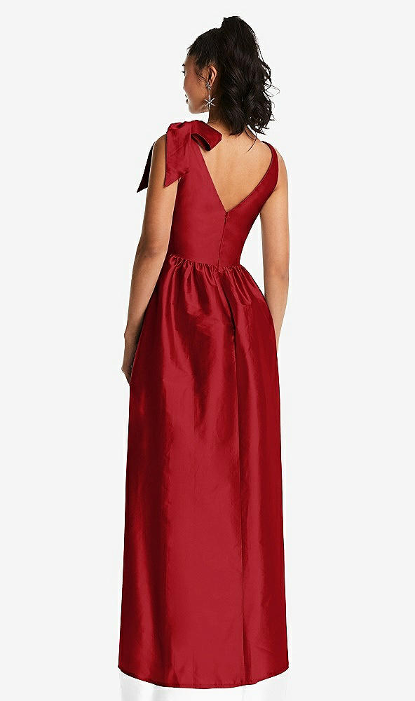 Back View - Garnet Bowed-Shoulder Full Skirt Maxi Dress with Pockets