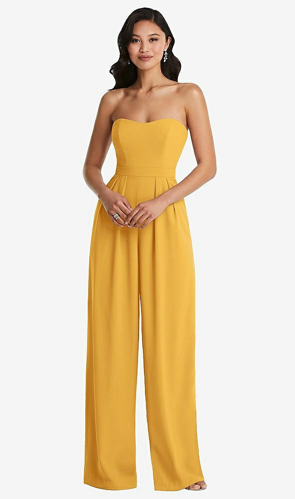 Front View - NYC Yellow Strapless Pleated Front Jumpsuit with Pockets