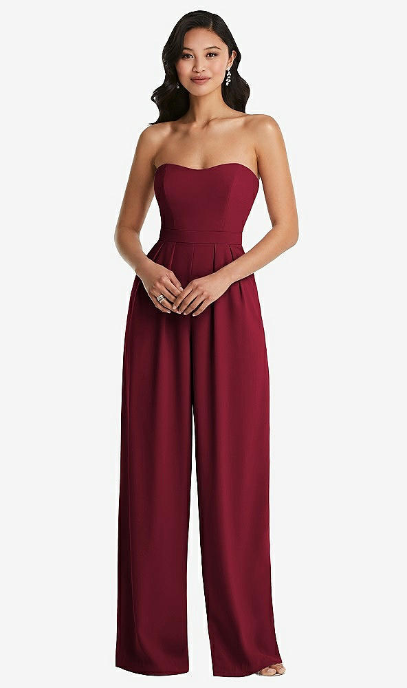 Front View - Burgundy Strapless Pleated Front Jumpsuit with Pockets