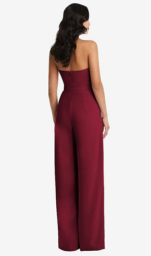 Back View - Burgundy Strapless Pleated Front Jumpsuit with Pockets