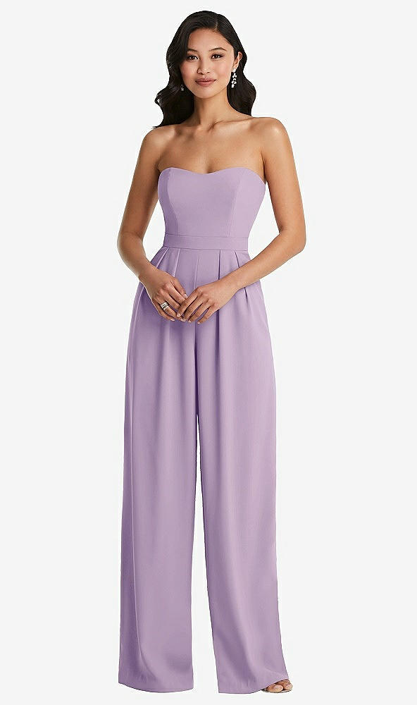 Front View - Pale Purple Strapless Pleated Front Jumpsuit with Pockets