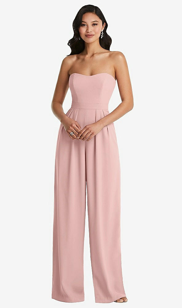 Front View - Rose Quartz Strapless Pleated Front Jumpsuit with Pockets