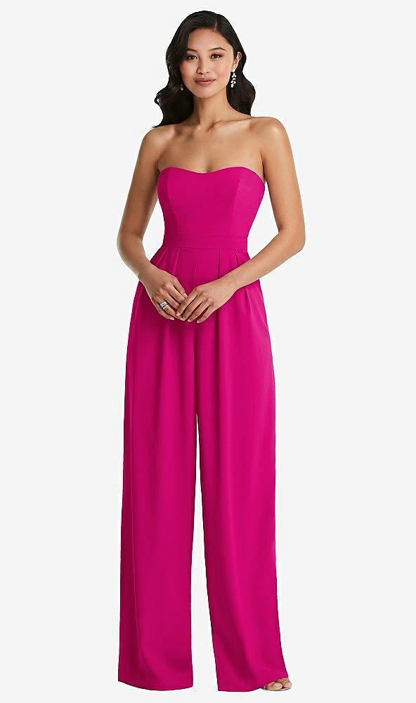 Front View - Think Pink Strapless Pleated Front Jumpsuit with Pockets