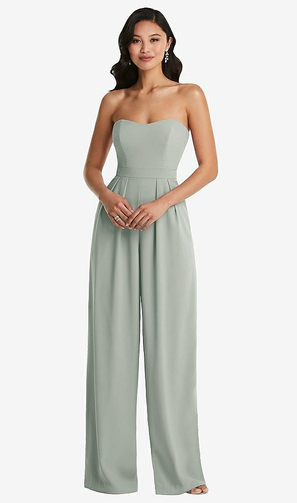 Front View - Willow Green Strapless Pleated Front Jumpsuit with Pockets