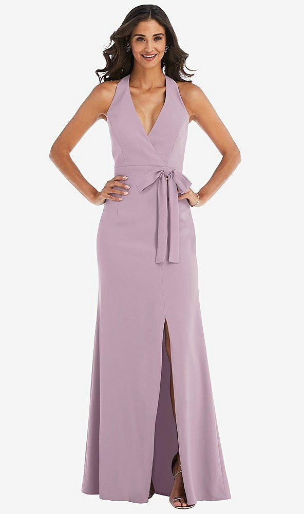 Front View - Suede Rose Open-Back Halter Maxi Dress with Draped Bow