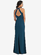 Rear View Thumbnail - Atlantic Blue Open-Back Halter Maxi Dress with Draped Bow