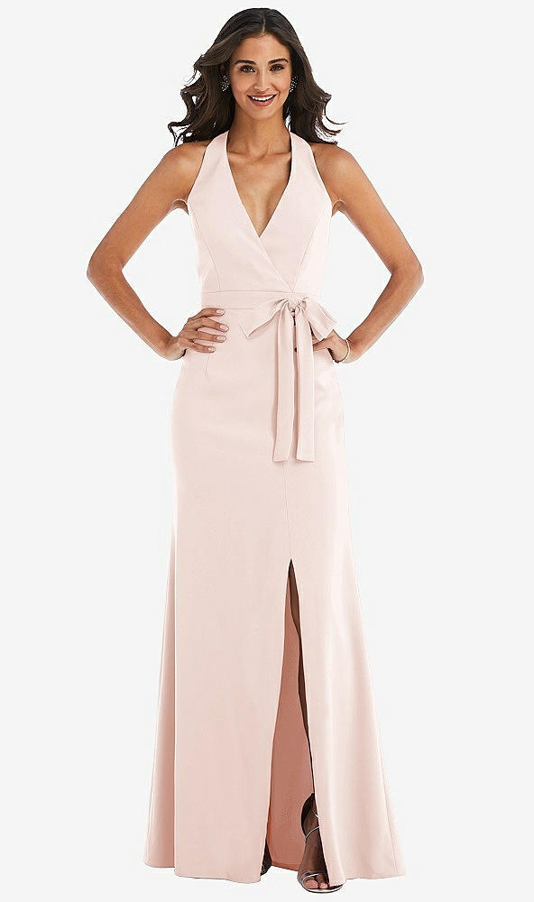 Front View - Blush Open-Back Halter Maxi Dress with Draped Bow