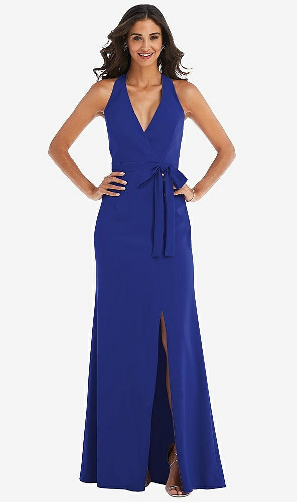 Front View - Cobalt Blue Open-Back Halter Maxi Dress with Draped Bow