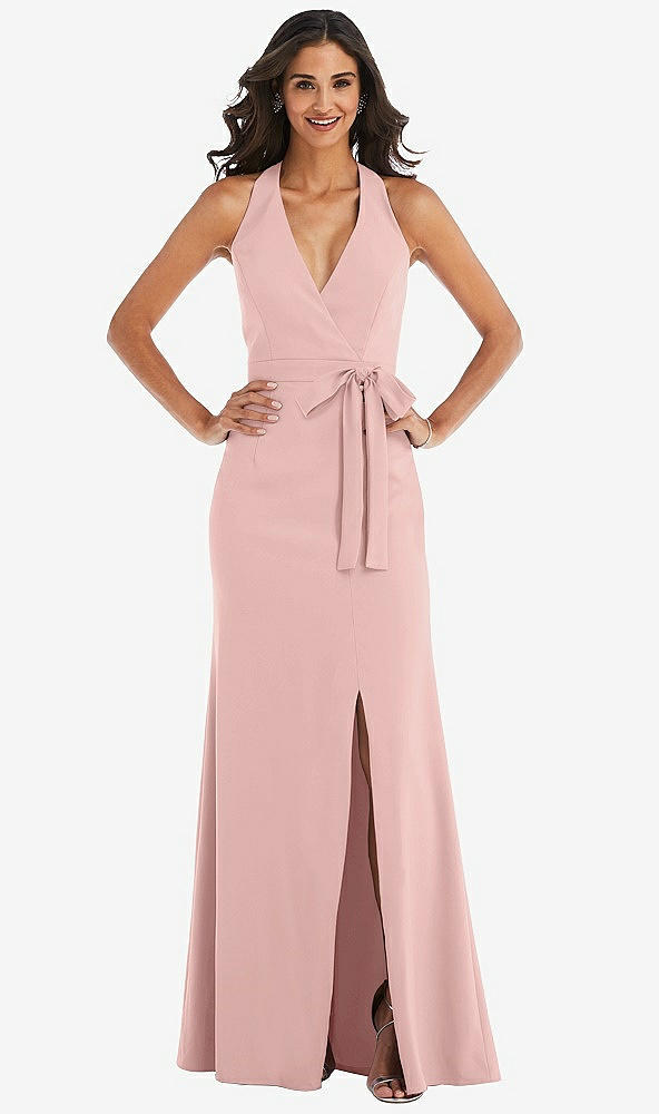 Front View - Rose Quartz Open-Back Halter Maxi Dress with Draped Bow