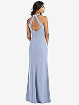 Rear View Thumbnail - Sky Blue Open-Back Halter Maxi Dress with Draped Bow