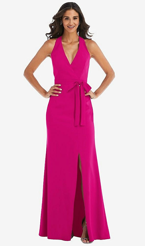 Front View - Think Pink Open-Back Halter Maxi Dress with Draped Bow