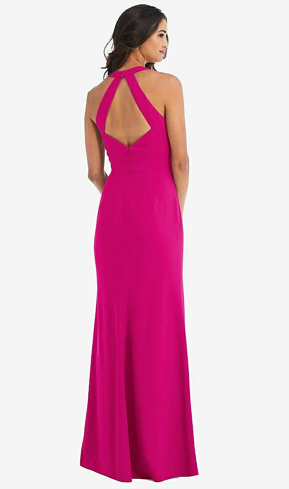 Back View - Think Pink Open-Back Halter Maxi Dress with Draped Bow