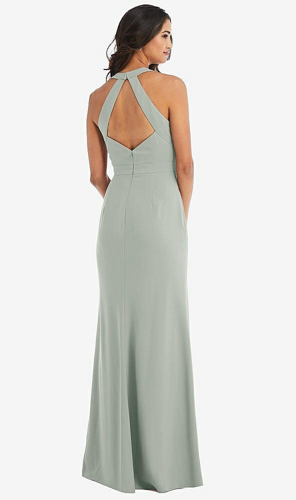 Back View - Willow Green Open-Back Halter Maxi Dress with Draped Bow