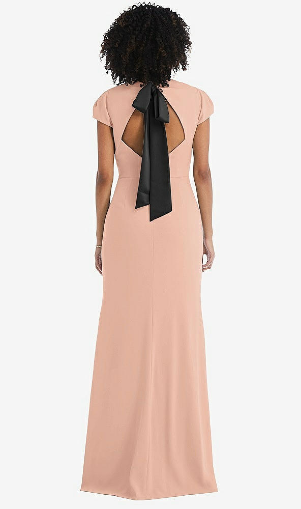 Front View - Pale Peach & Black Puff Cap Sleeve Cutout Tie-Back Trumpet Gown