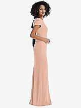 Side View Thumbnail - Pale Peach & Black Puff Cap Sleeve Cutout Tie-Back Trumpet Gown