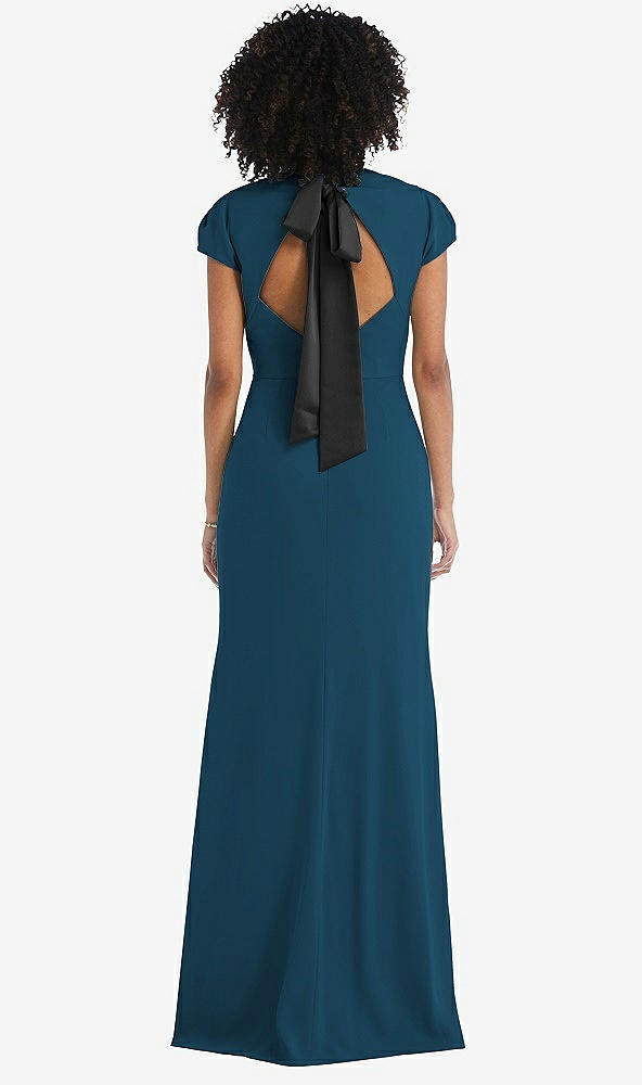 Front View - Atlantic Blue & Black Puff Cap Sleeve Cutout Tie-Back Trumpet Gown