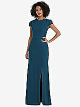 Rear View Thumbnail - Atlantic Blue & Black Puff Cap Sleeve Cutout Tie-Back Trumpet Gown