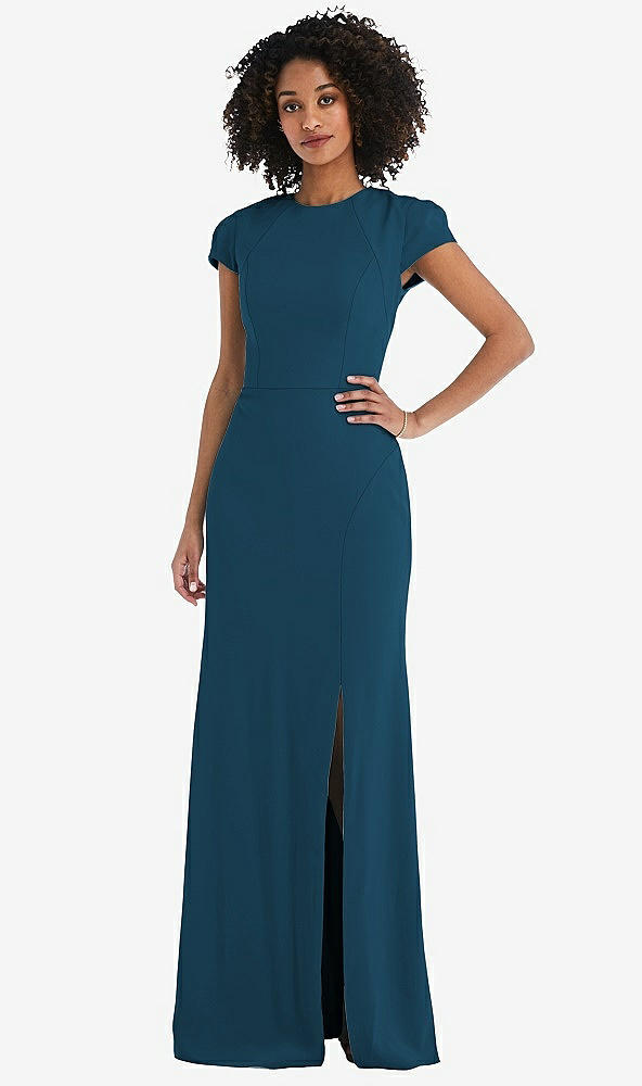 Back View - Atlantic Blue & Black Puff Cap Sleeve Cutout Tie-Back Trumpet Gown