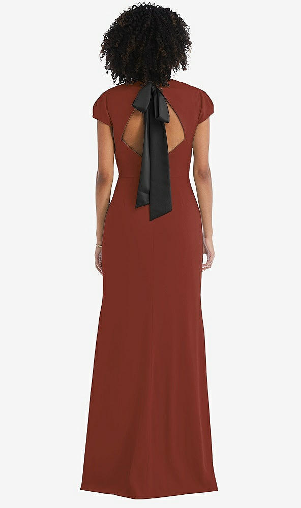 Front View - Auburn Moon & Black Puff Cap Sleeve Cutout Tie-Back Trumpet Gown