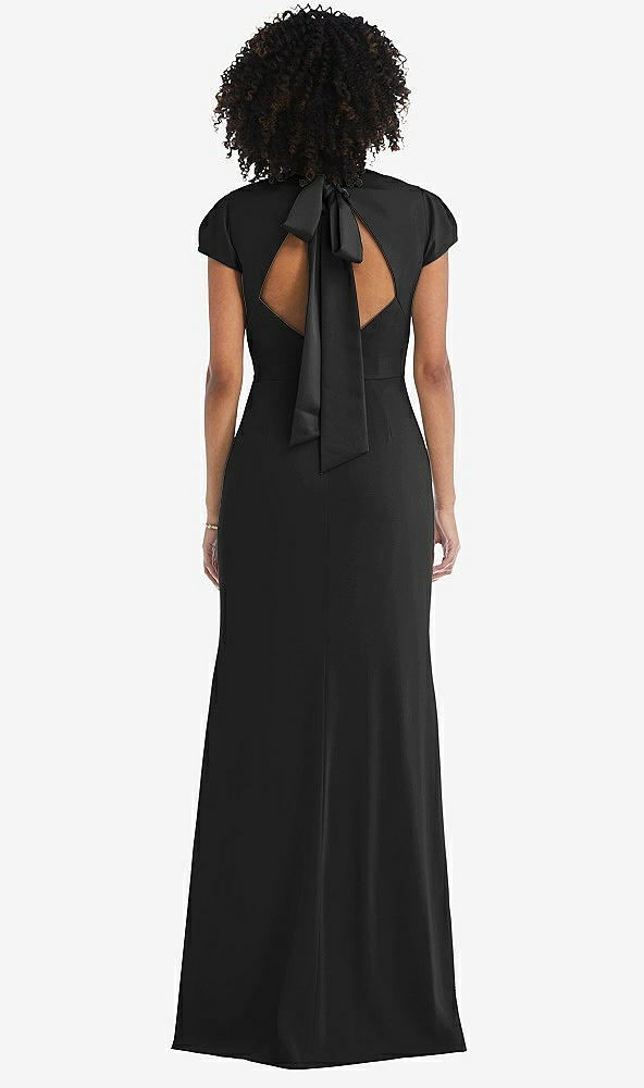 Front View - Black & Black Puff Cap Sleeve Cutout Tie-Back Trumpet Gown