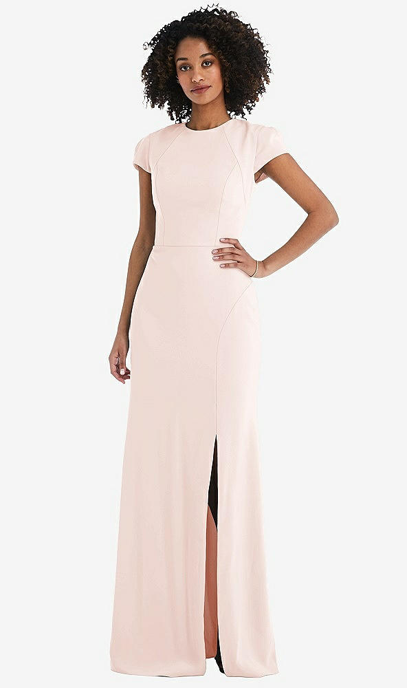 Back View - Blush & Black Puff Cap Sleeve Cutout Tie-Back Trumpet Gown