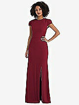 Rear View Thumbnail - Burgundy & Black Puff Cap Sleeve Cutout Tie-Back Trumpet Gown