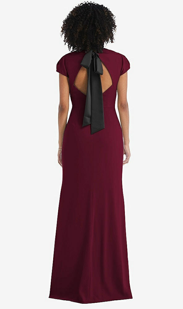 Front View - Cabernet & Black Puff Cap Sleeve Cutout Tie-Back Trumpet Gown