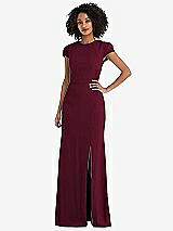 Rear View Thumbnail - Cabernet & Black Puff Cap Sleeve Cutout Tie-Back Trumpet Gown