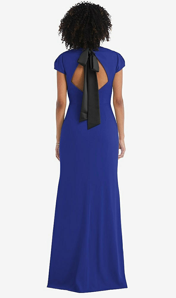 Front View - Cobalt Blue & Black Puff Cap Sleeve Cutout Tie-Back Trumpet Gown