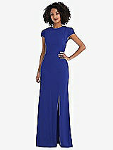 Rear View Thumbnail - Cobalt Blue & Black Puff Cap Sleeve Cutout Tie-Back Trumpet Gown